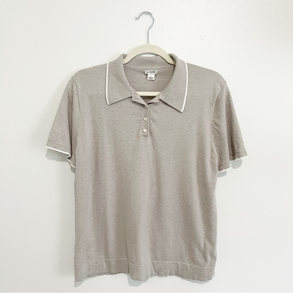 J. Crew Women’s 100% Cotton Soft Knit Polo Shirt Gray Taupe White Trim Size XL